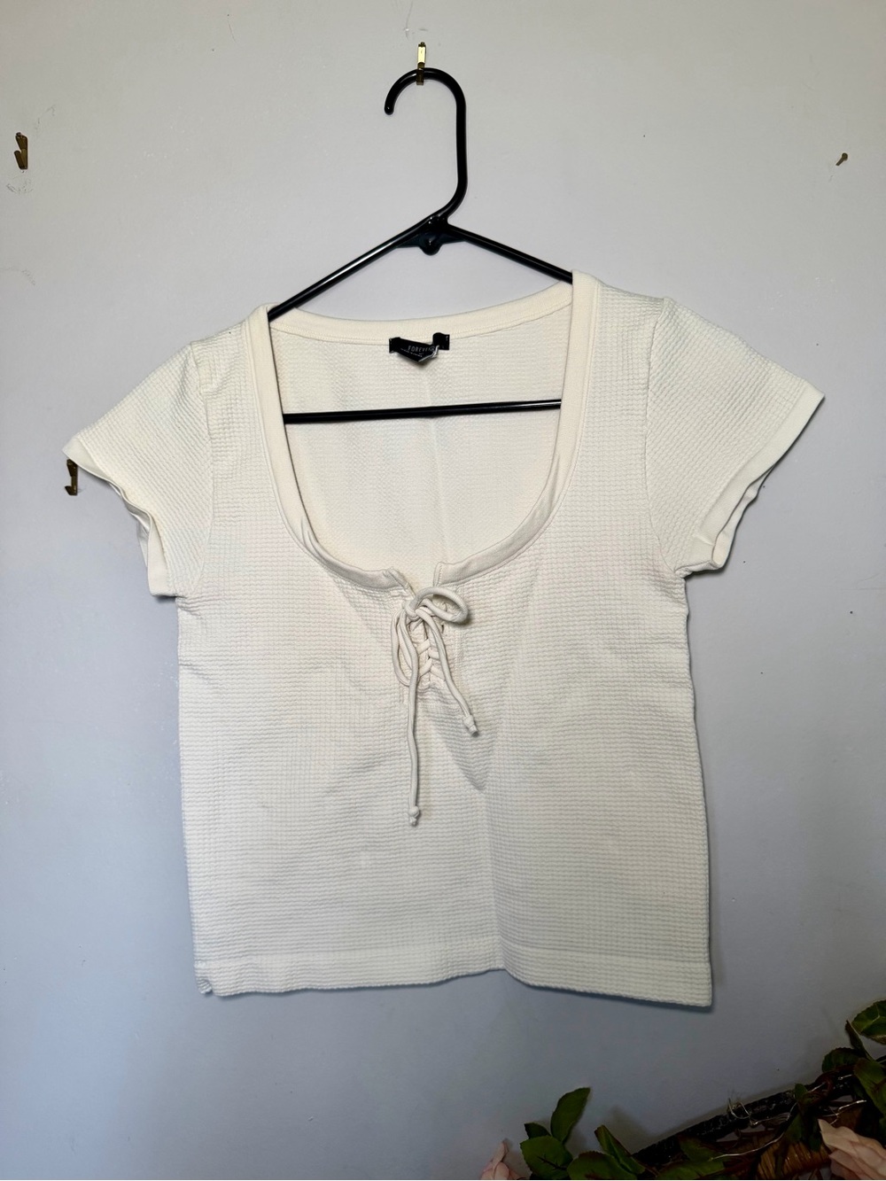 Forever 21 Cream Scoop Neck Lace-Up Short Sleeve Tee